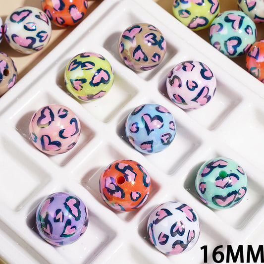 UV-Coated Heart Shaped Colorful Leopard Print Round Acrylic Beads for Bracelets, 16MM, Assorted Colors, Random Mix