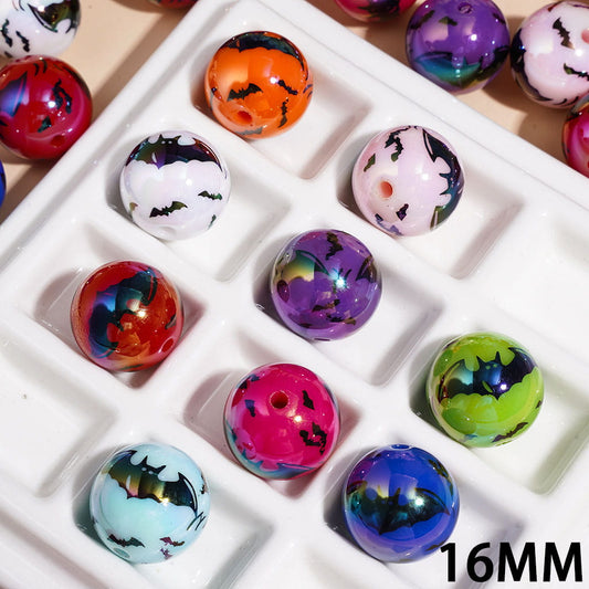 UV Coating Spooky Halloween Flying Black Bat Printed Round Acrylic Beads for Bracelets, 16MM, Assorted Colors, Random Mix