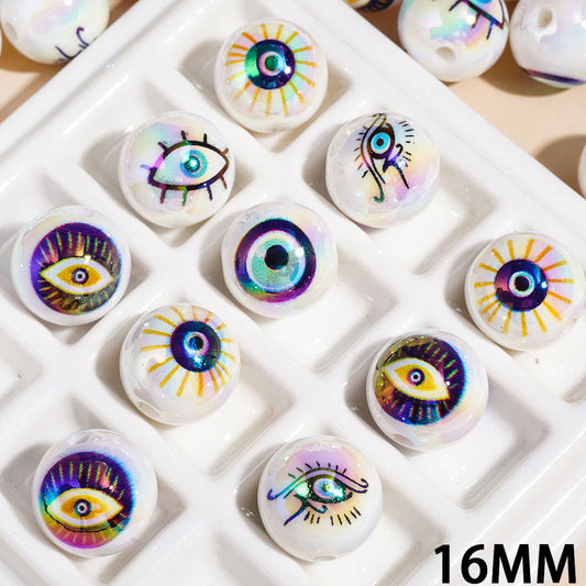 UV Coating Terrifying and Evil Eye Printed Round Acrylic Beads for Bracelets, 16MM, Assorted Designs, Random Mix