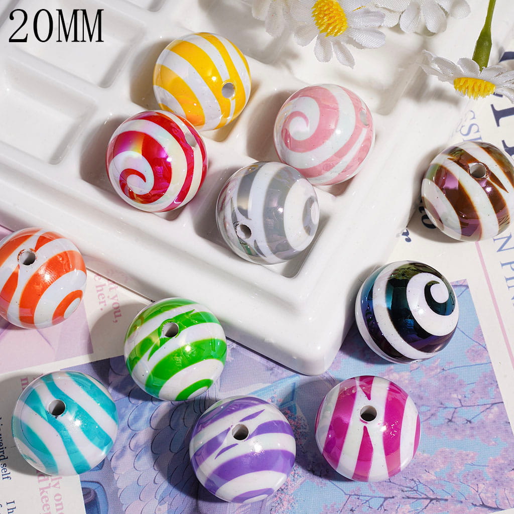 UV Coated Acrylic Beads for Bracelets with Spiral Stripes, 20MM Multi-Color Random Mix