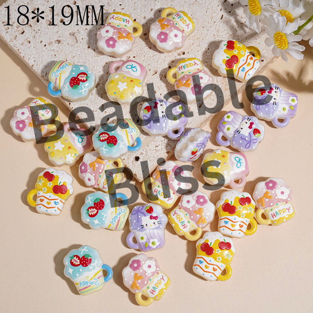 Acrylic Beads for Pendants Beer Cup with Flower Cat Strawberry Cherry, 18*19MM Multi-Color Random Mix
