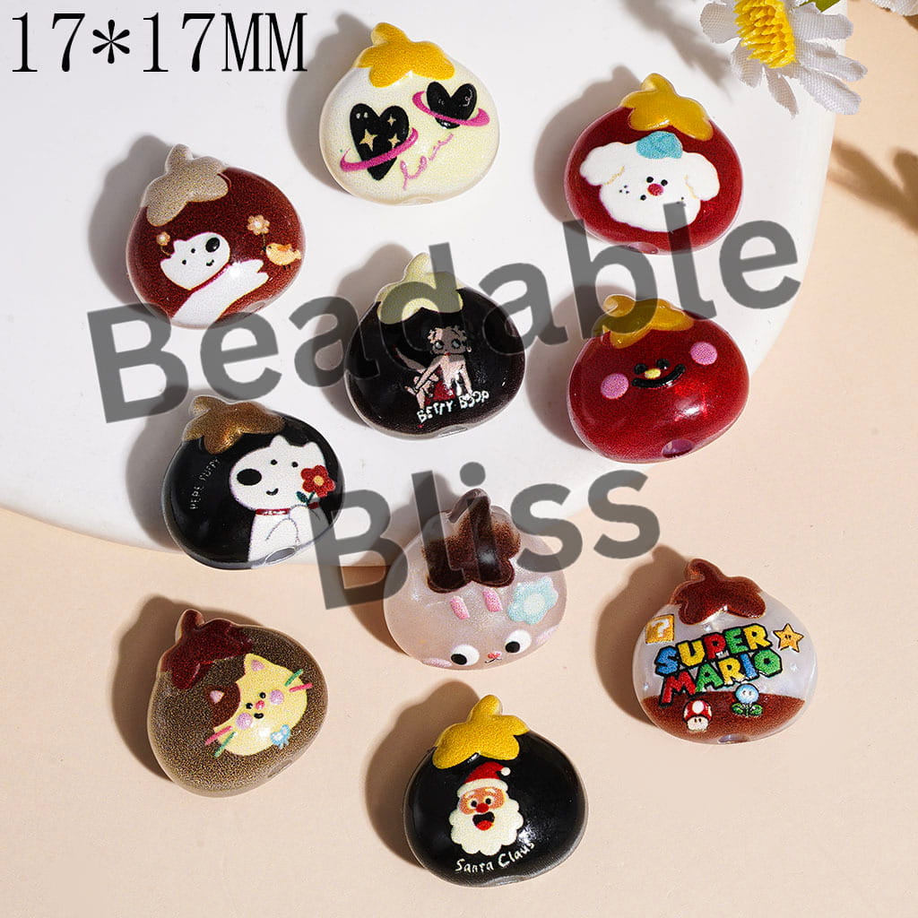 Acrylic Beads Persimmon Shape with Santa Claus Cat Dog Heart Old Girl Patterns, 17*17MM  Random Mix