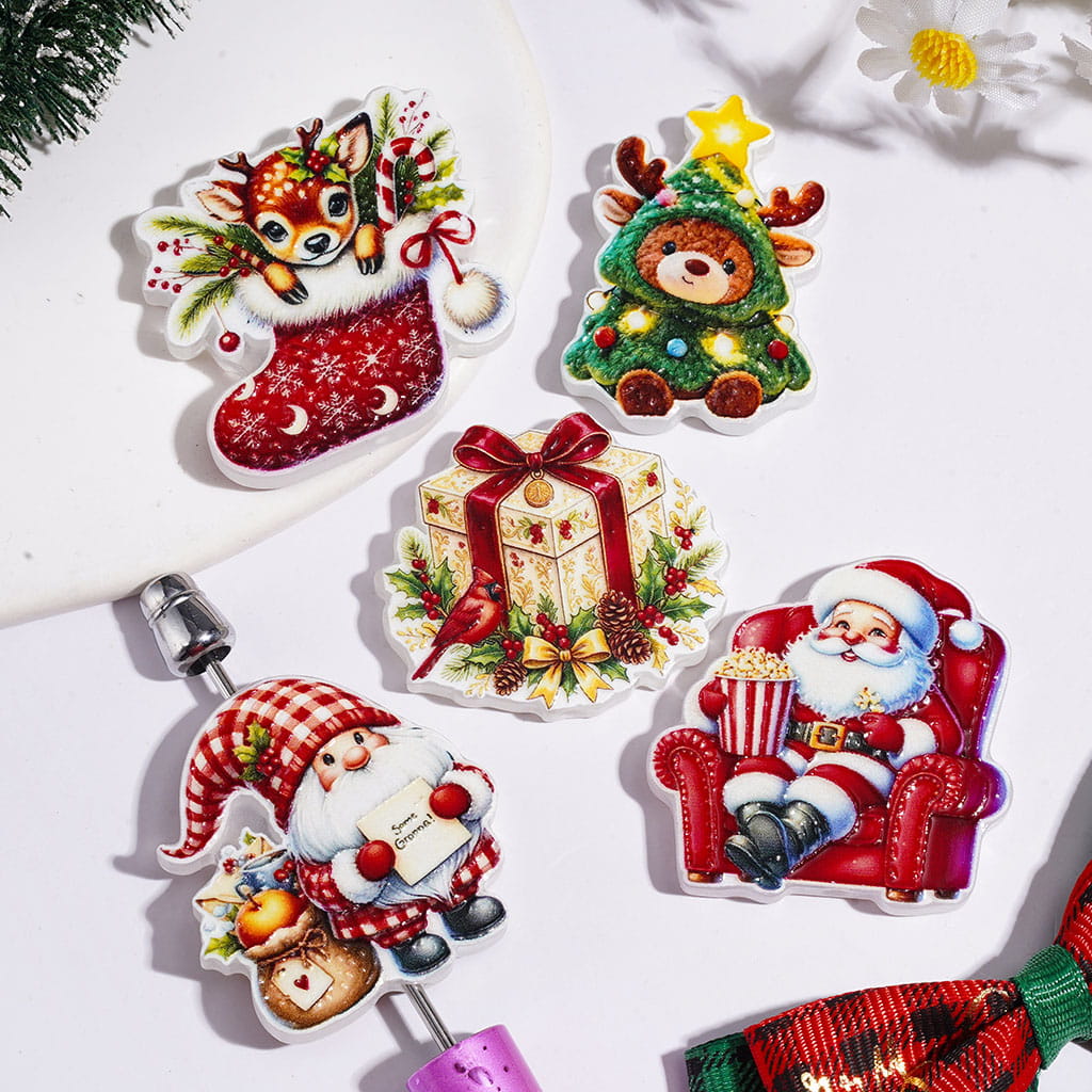 Reindeer in Christmas Tree Costume Santa Claus Gnome Elf Sock Gift Box Acrylic Beads, Random Mix