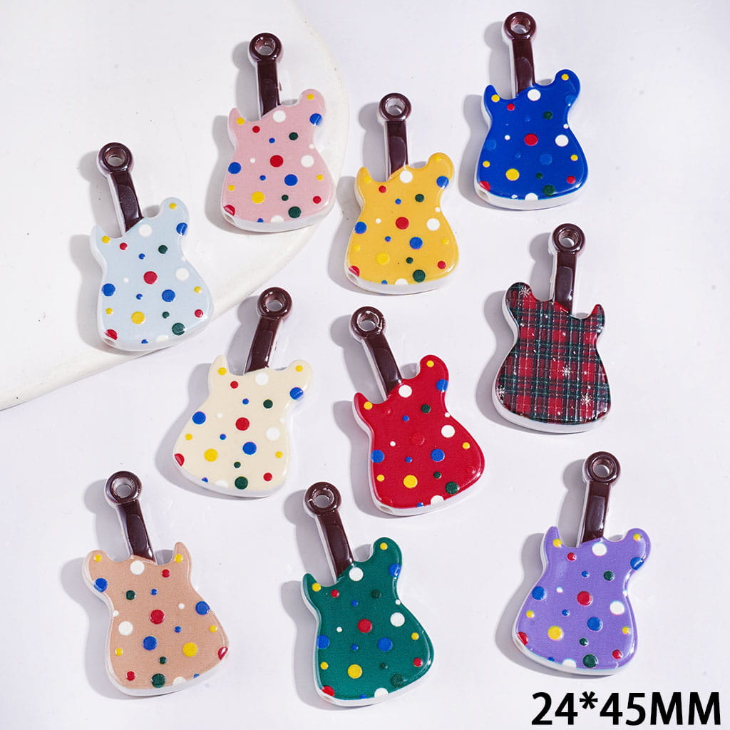 Guitar with Polka Dots Acrylic Beads and Pendants, Angled Holes, 24*45MM Multi-Color Random Mix