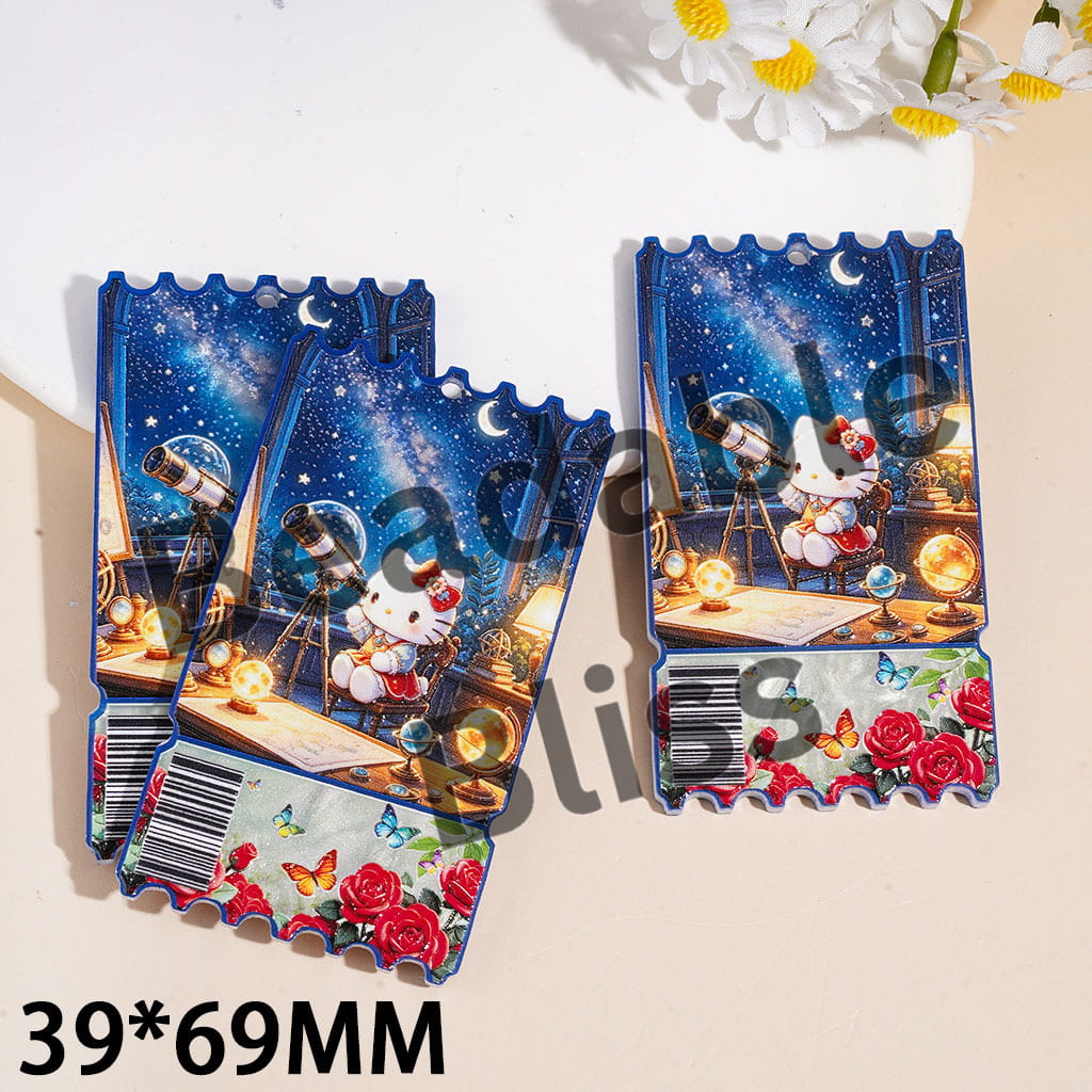 Acrylic Pendants Star Sky Series Stamps with Cute Cat Telescope Globe Lamp and Flower Butterfly, 36*69MM