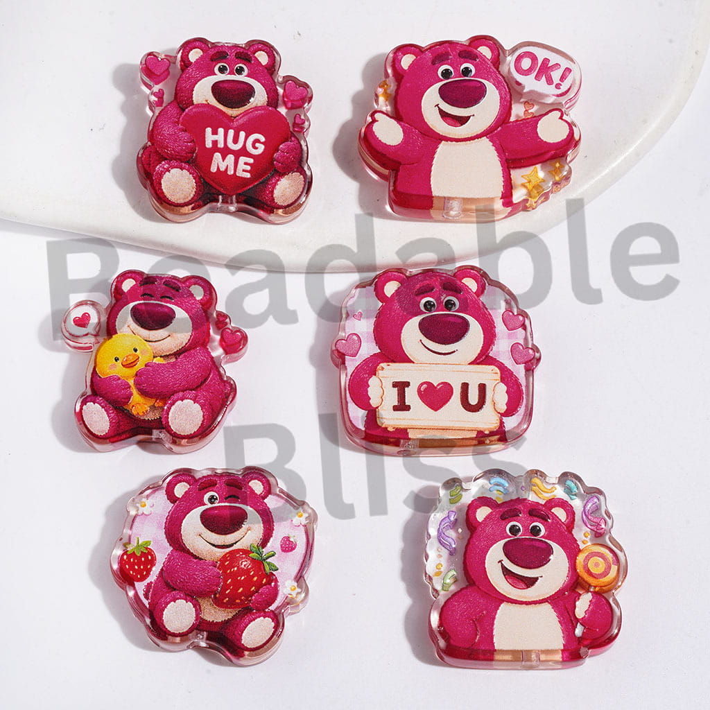 Semi-Clear Acrylic Beads Happy Pink Bear Character in Various Ornament Acrylic Beads, Random Mix