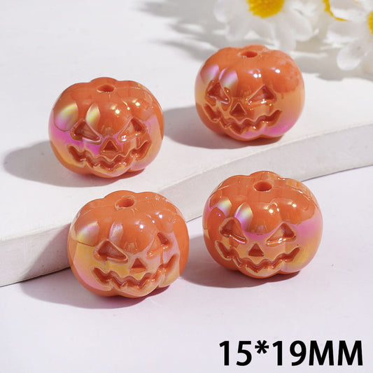 UV Coating Halloween Pumpkin with Horror Face Soft PVC Beads, 15×19MM