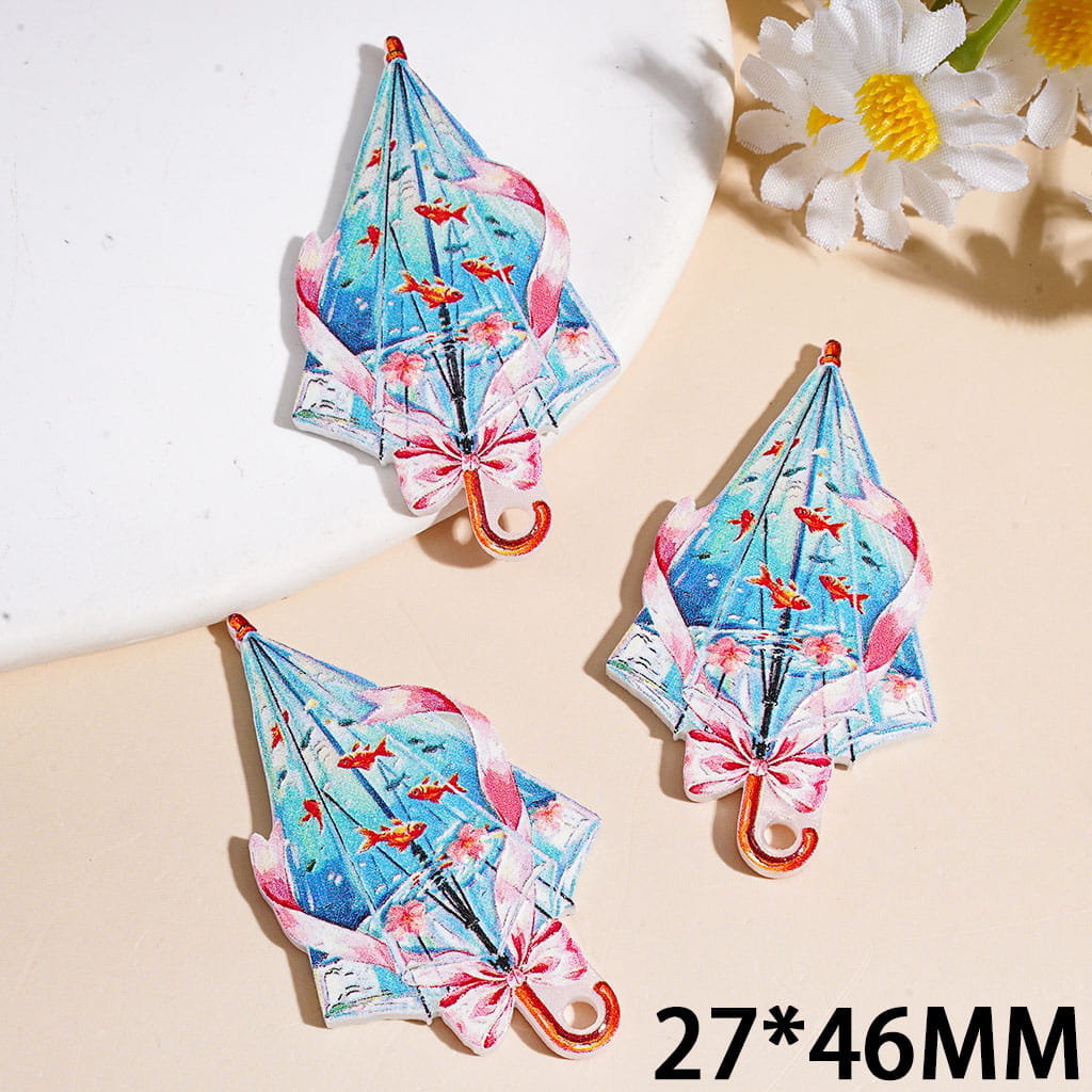 Japanese Goldfish & Flower Bowtie Umbrella Printed Acrylic Pendants, 27*46MM