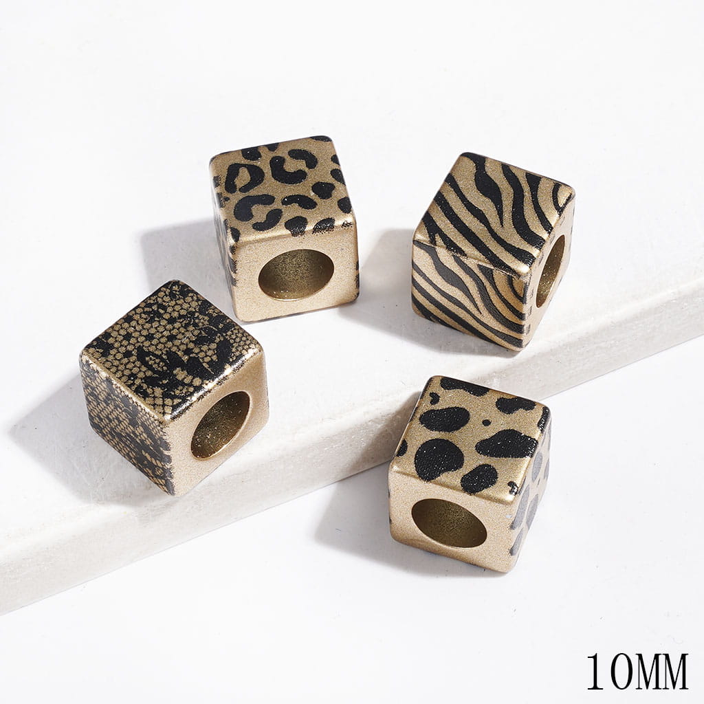Silver & Gold Acrylic Beads with Black Leopard Prints, 10MM, Cube Square Shape, Big Hole Beads (The Hole Diameter is Around 6MM)