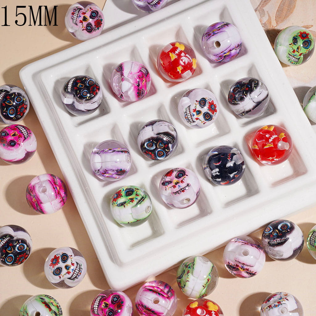 Acrylic Beads for Bracelets with Double-Sided Skull Inside, Day of the Dead Theme, Translucent, 15MM, Random Mix