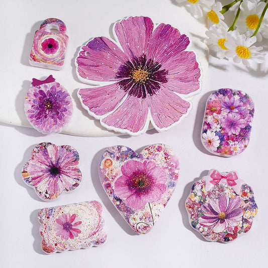 Purple Cosmos Flower Botanical Garden Series Printed Acrylic Beads & Pendants, Assorted Shapes, Random Mix