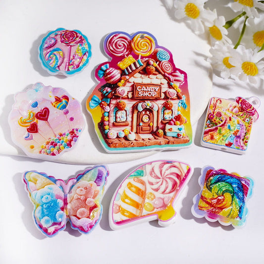 Colorful Lollipop, Candy Shop, Gummy Bear & Sweet Candy World Theme Printed Acrylic Beads & Pendants, Assorted Shapes, Random Mix