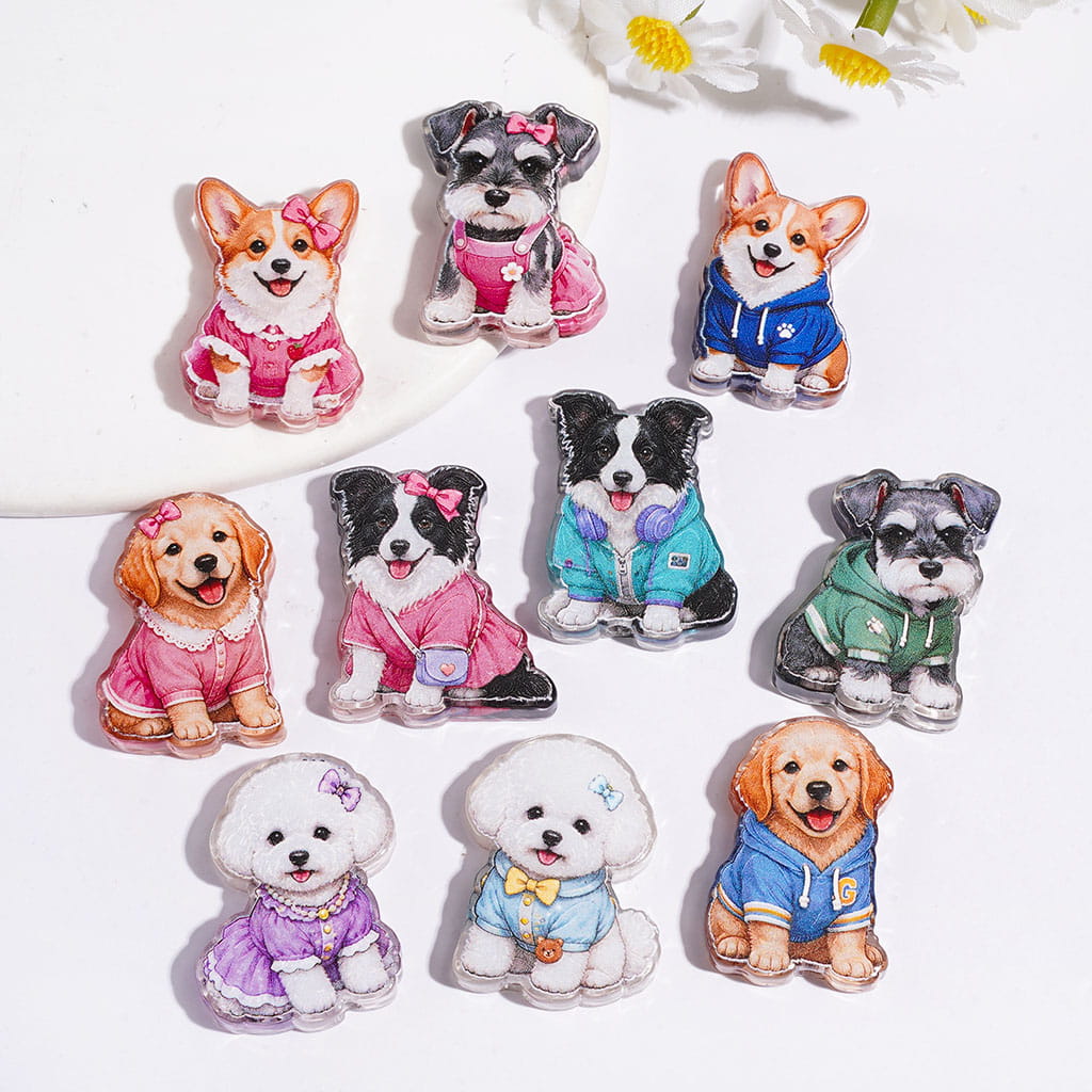 Cute Fashion Pet Dog Character Acrylic Beads with Hoodies, Dresses, Bows & Various Clothes, Random Mix