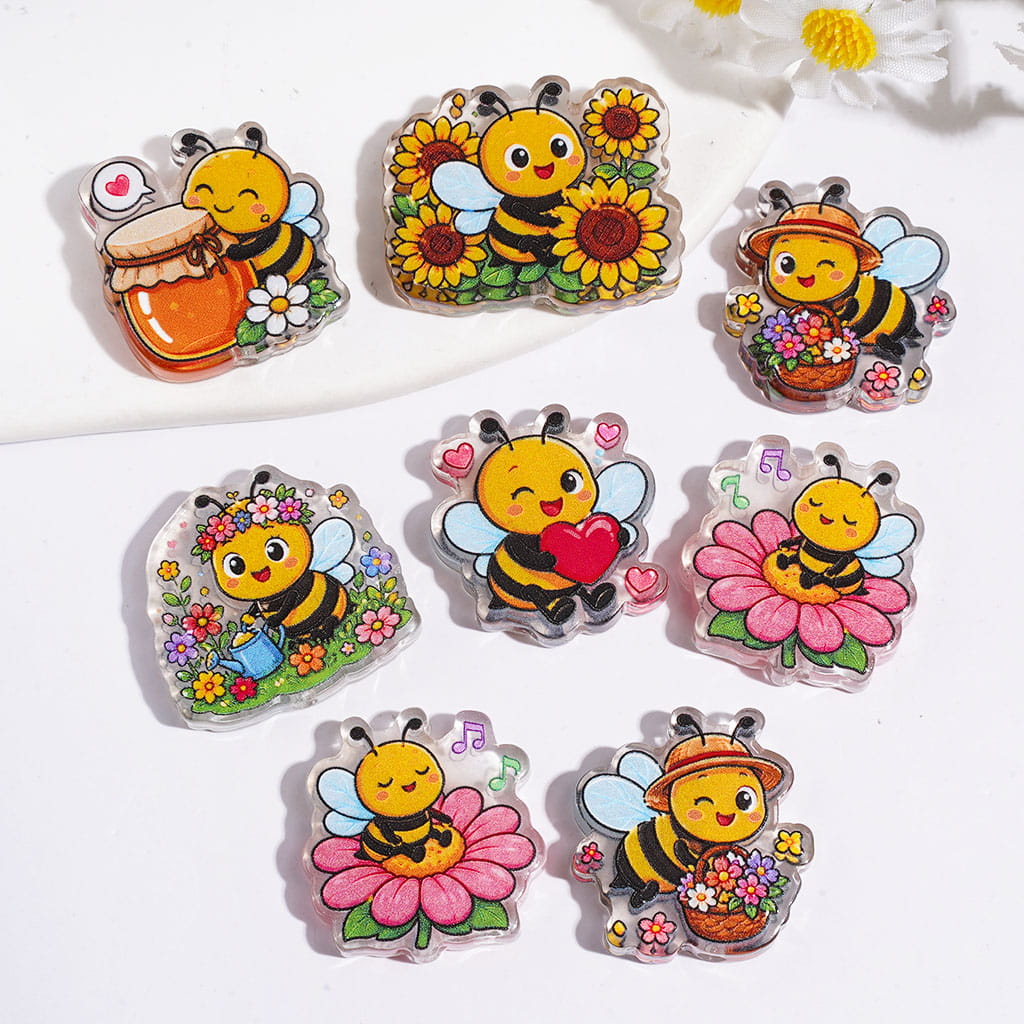 Cute Honey Bee Character Semi-Clear Acrylic Beads with Sunflowers, Honey Jar, Flowers, Heart & Garden Designs, Random Mix