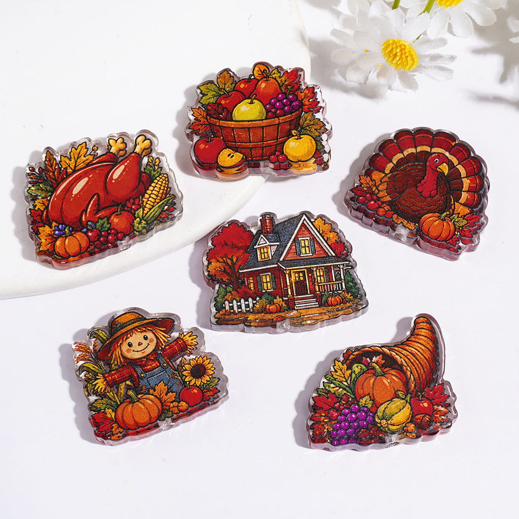 Autumn Harvest Thanksgiving Day Theme Semi-Clear Acrylic Beads with Turkey, Pumpkin, Cornucopia, Scarecrow, Farmhouse & Harvest Basket, Random Mix