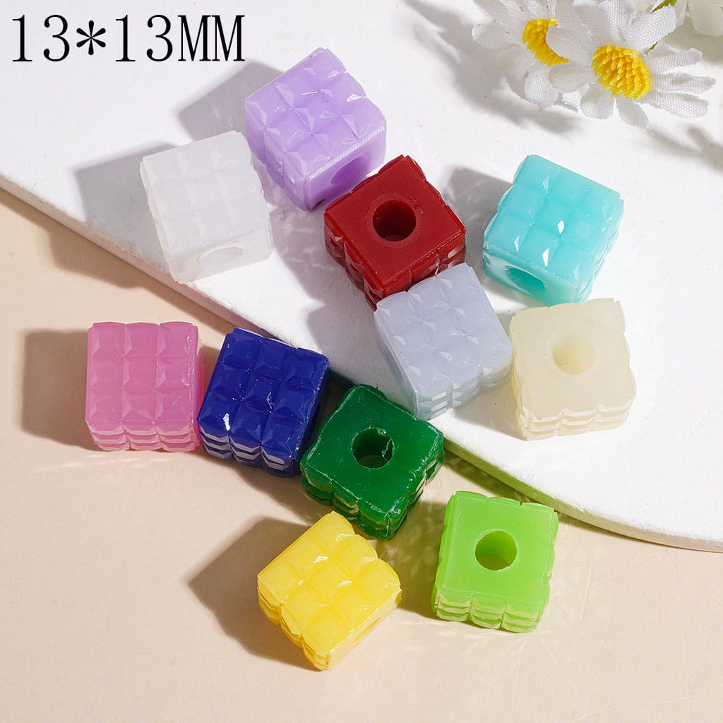 Faceted Texture Square Cube Shape Acrylic Beads with Large Hole, 13*13MM, Multi-Color Random Mix (The Hole Diameter is Around 4MM)