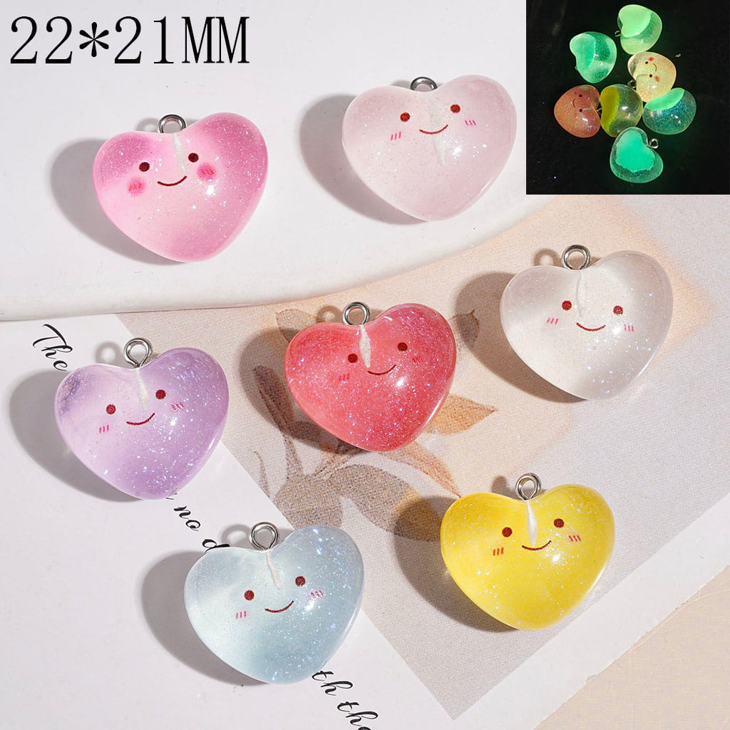 Luminous Cute Smiley Face Heart Shape Acrylic Pendant Charms with Glitter, 22*21MM, Multi-Color Random Mix