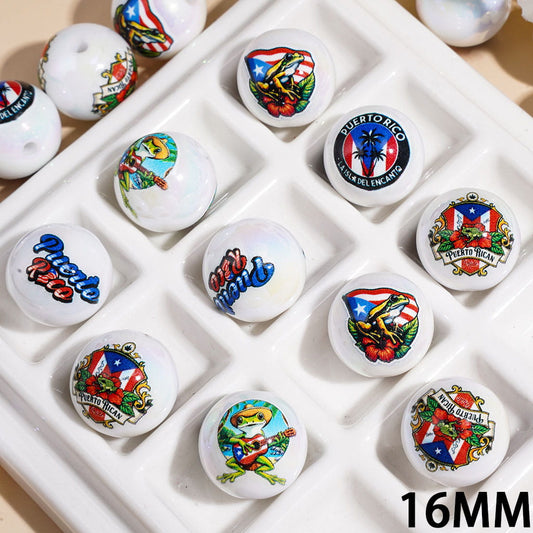 UV-Coated Puerto Rico Flag & Tropical Island Print White Round Acrylic Beads for Bracelets, 16MM, Random Mix