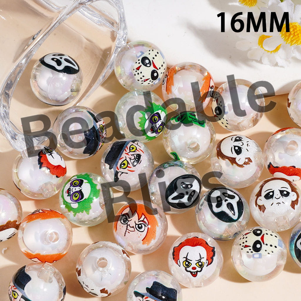 Acrylic Beads for Bracelets UV-Coated Villain Horror Character Patterns, White Ball Embedded Inside, 16MM, Random Mix