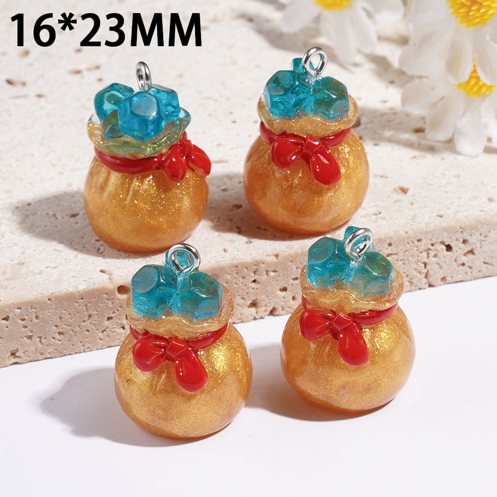 Cute Pumpkin-Shaped Lucky Bag with Gold Glitter, Blue Rhinestones, Bowtie & Blue Flower, Acrylic Jewelry Pendant Accessory, 16×23MM, No Hole