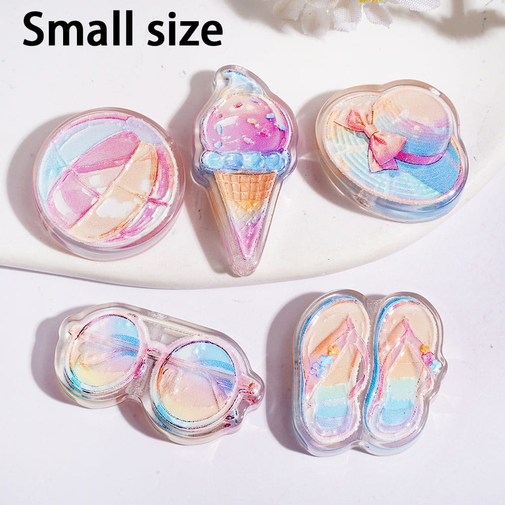 Summer Ice Cream, Hat & Flip-Flop Design Printed Acrylic Beads, Small Size, Assorted Shapes, Random Mix