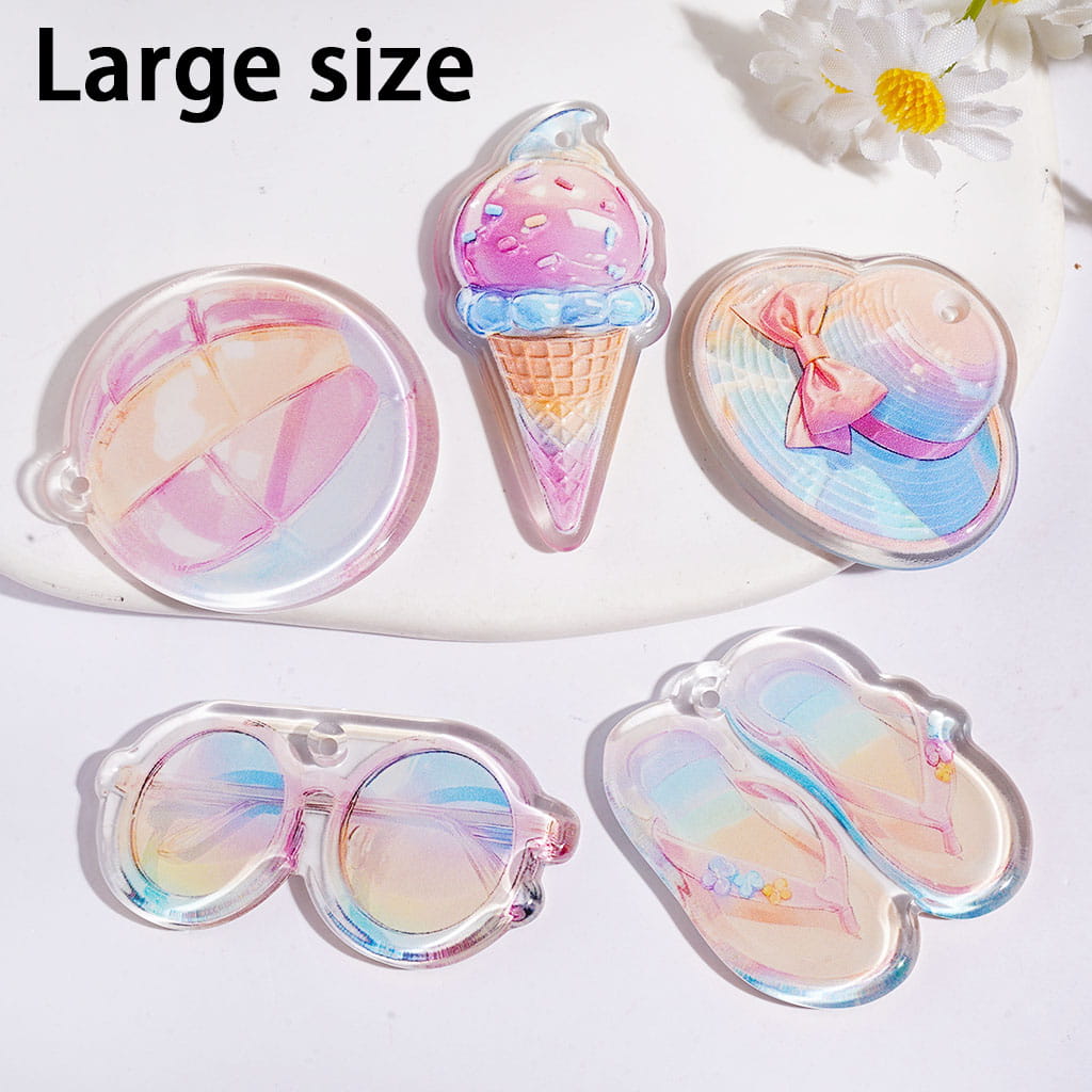 Summer Ice Cream, Hat & Flip-Flop Design Printed Acrylic Pendants, Large Size, Assorted Shapes, Random Mix