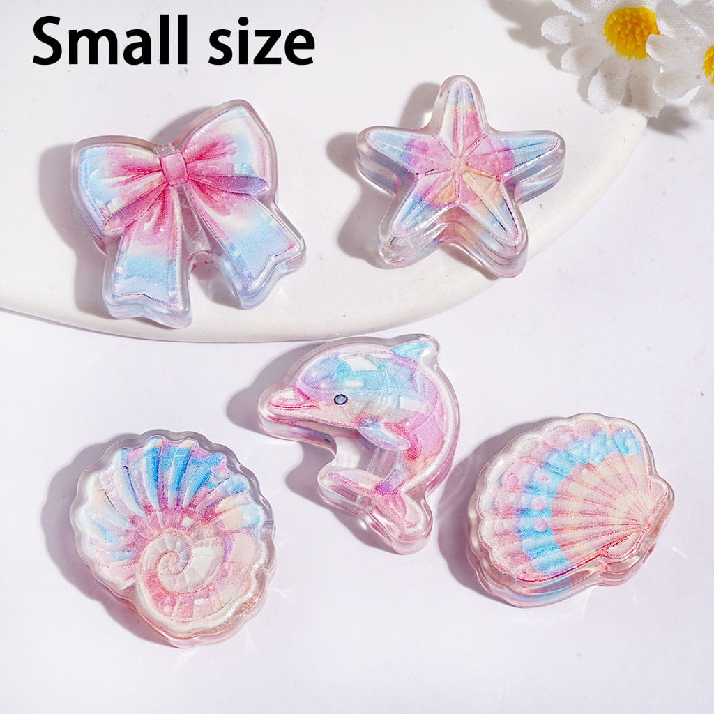 Ocean & Beach Theme Bow, Starfish, Dolphin & Seashell Design Printed Acrylic Beads, Small Size, Assorted Shapes, Random Mix