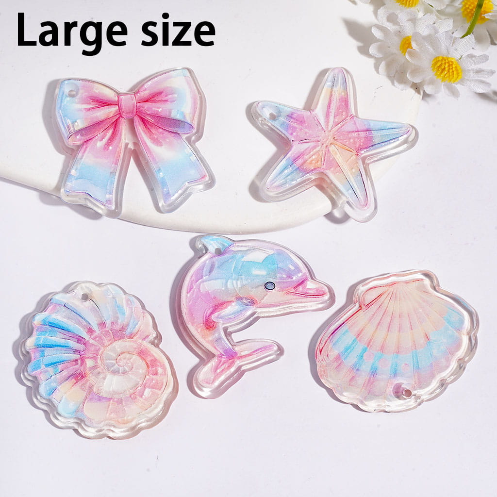 Ocean & Beach Theme Bow, Starfish, Dolphin & Seashell Design Printed Acrylic Pendants, Large Size, Assorted Shapes, Random Mix
