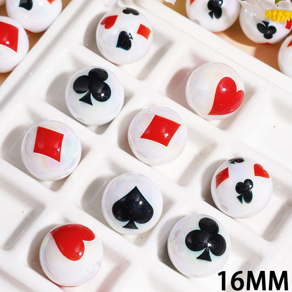 UV Coating Playing Card Poker Suit Design White Round Acrylic Beads for Bracelets, Assorted Designs, Random Mix