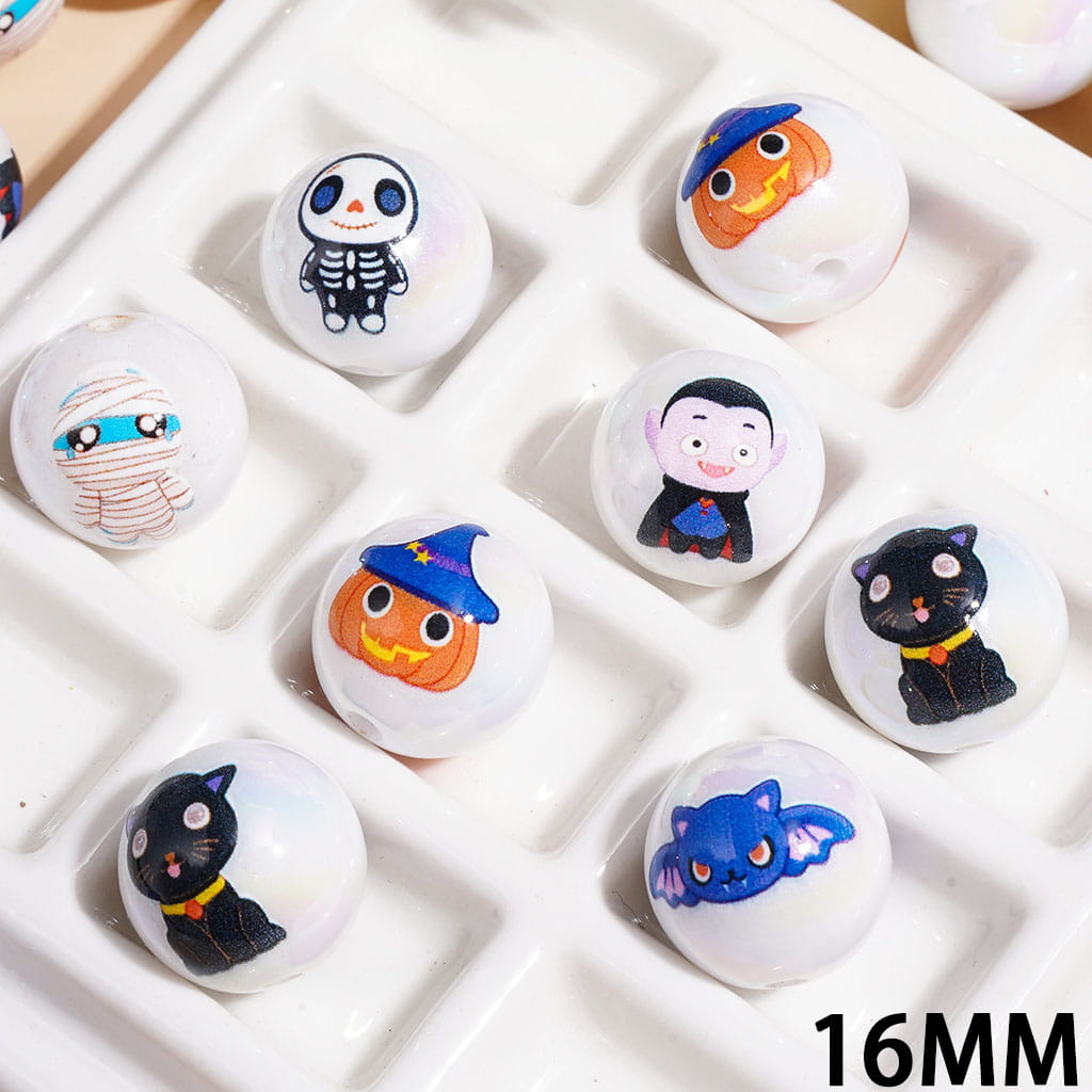 UV-Coated Cute Halloween Character Printed White Acrylic Beads for Bracelets, 16MM Random Mix