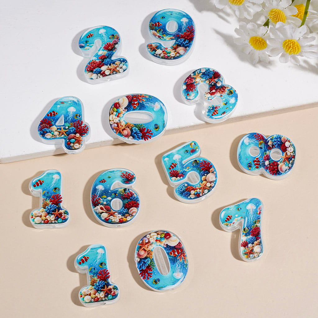 Ocean Coral Reef Number Design Printed Acrylic Beads, Assorted Numbers, Random Mix