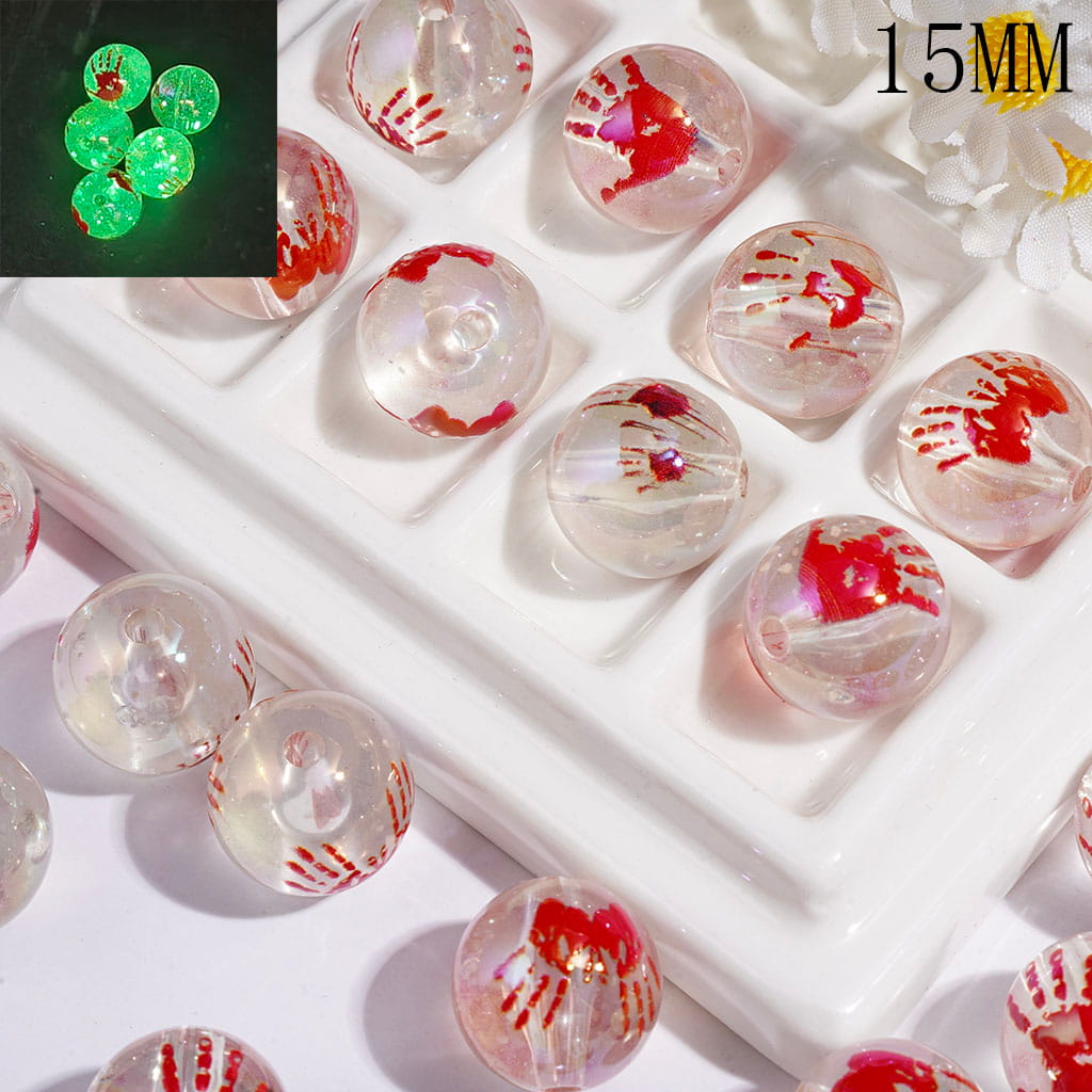 UV-Coated Transparent Luminous Clear Round Acrylic Beads for Bracelets with Red Hand Prints,15MM, Assorted Designs, Random Mix