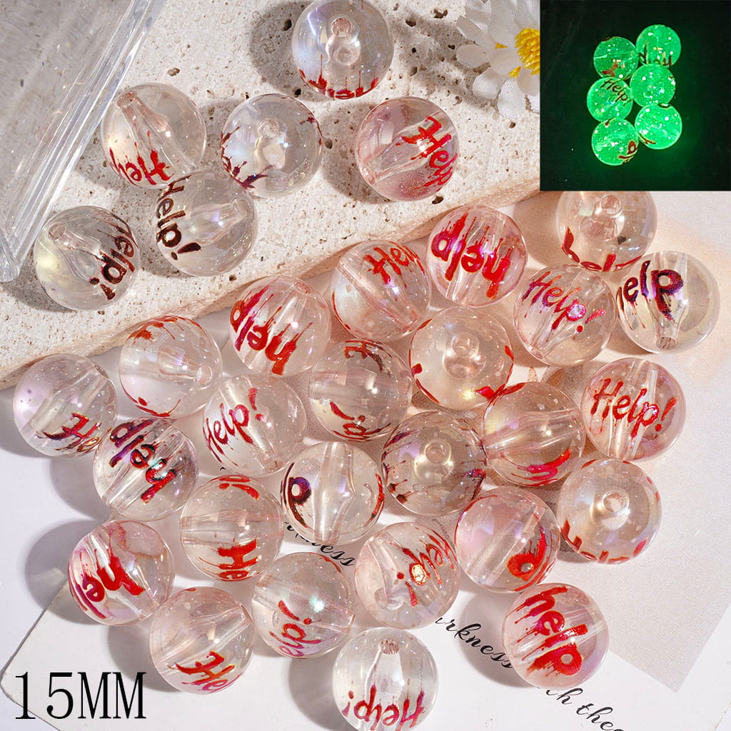 UV-Coated Transparent Luminous Round Acrylic Beads for Bracelets with Red “Help” Print, 15MM, Random Mix