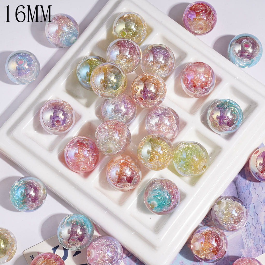 UV-Coated Transparent Rose Flower and Glitter Dreamy Style Round Acrylic Beads for Bracelets, Multi-Color Random Mix