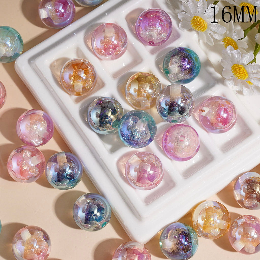 UV-Coated Transparent Glitter Dreamy Style Round Acrylic Beads for Bracelets, 16MM, Multi-Color, Random Mix