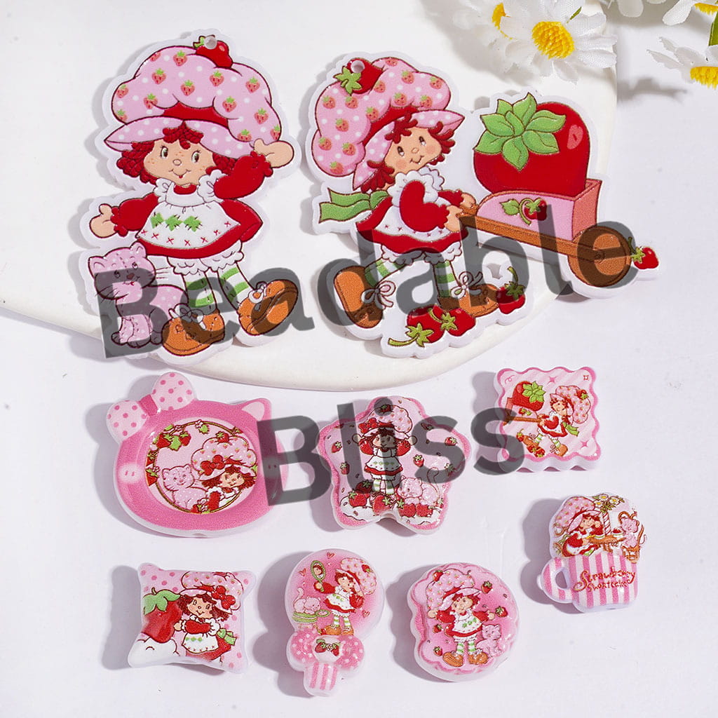 Berry Girl Character in Pink Series Acrylic Beads and Pendants, Random Mix