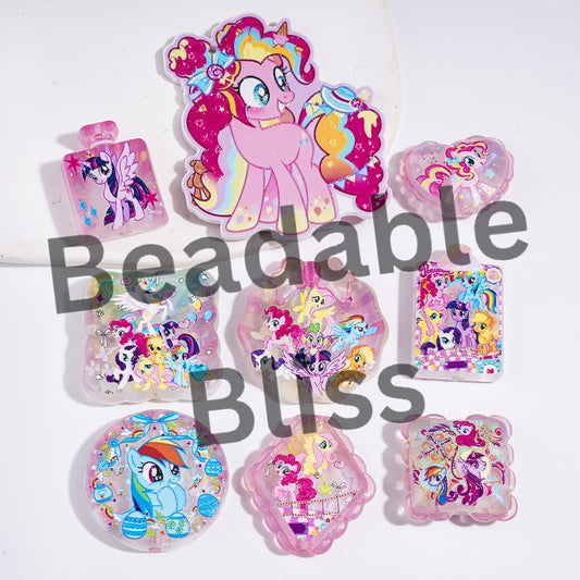 Acrylic Beads and Pendants Unicorn Little Horse Character with Glitter, Random Mix