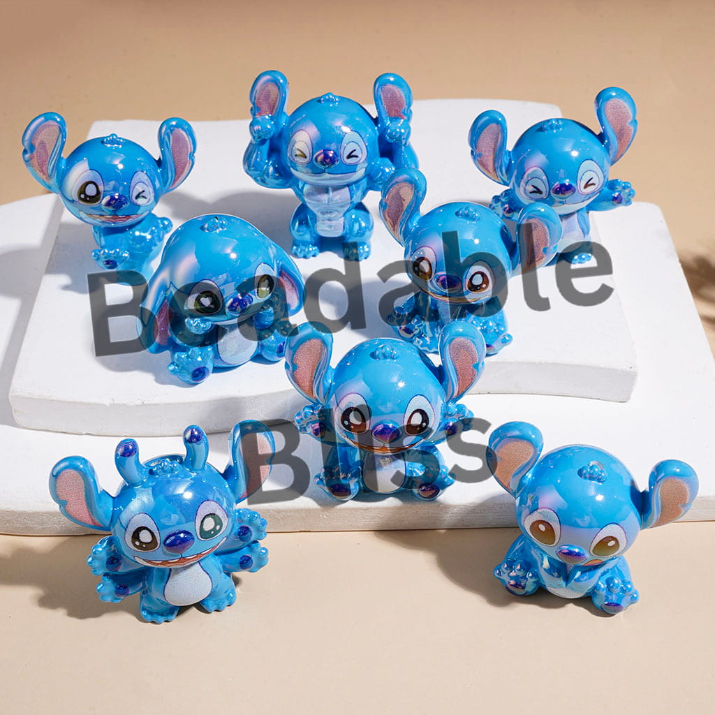 UV-Coated Acrylic Beads Blue Monster Character in Diverse Styles, Random Mix