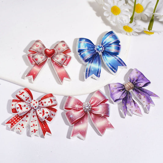 Bowtie Ribbon Diamond Heart & Floral Prints Acrylic Beads with Rhinestone, Assorted Colors, Random Mix