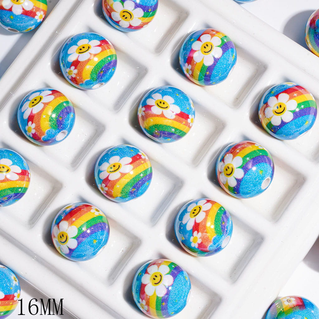 UV-Finished Smiling Daisy Flower & Rainbow Print Round Blue Acrylic Beads for DIY Bracelets and Necklets, 16MM