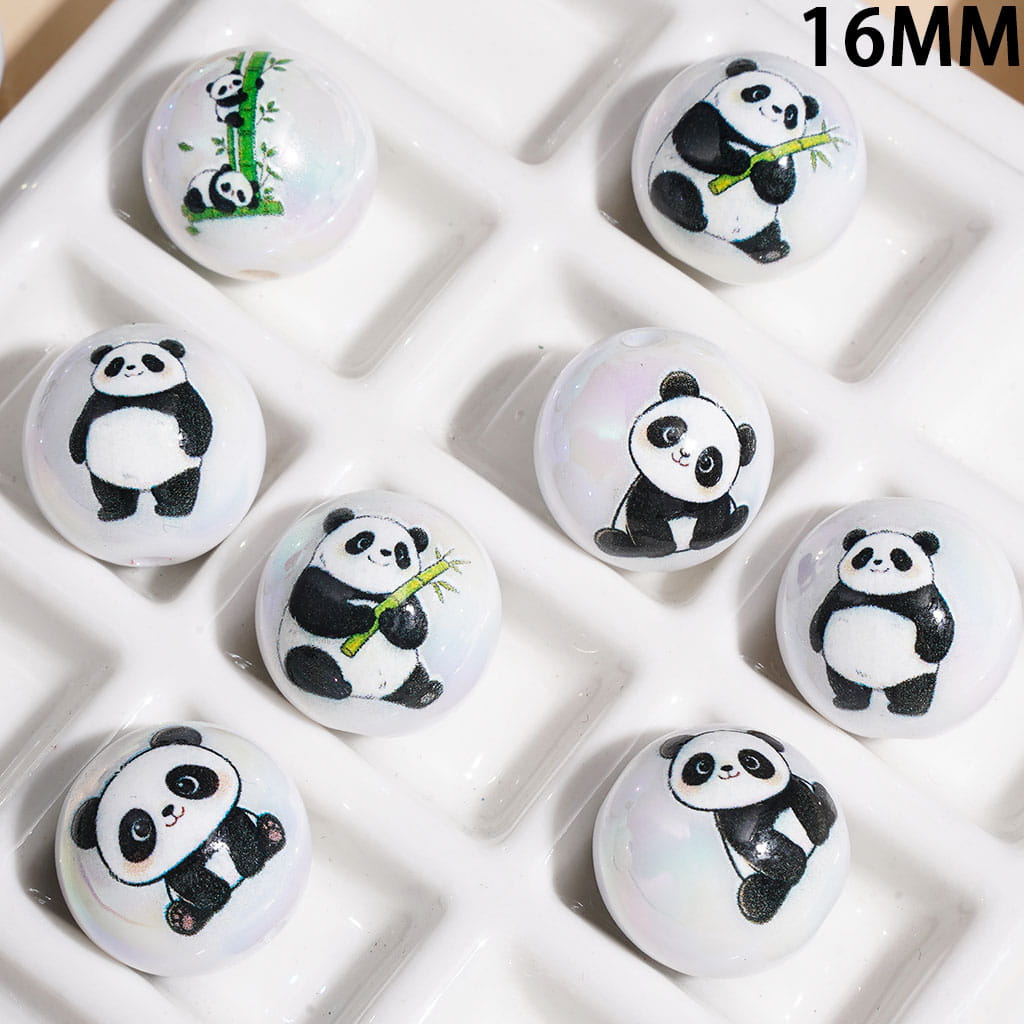 UV Coating Cute Panda Prints Round Acrylic Beads for Bracelets, 16MM, Random Mix
