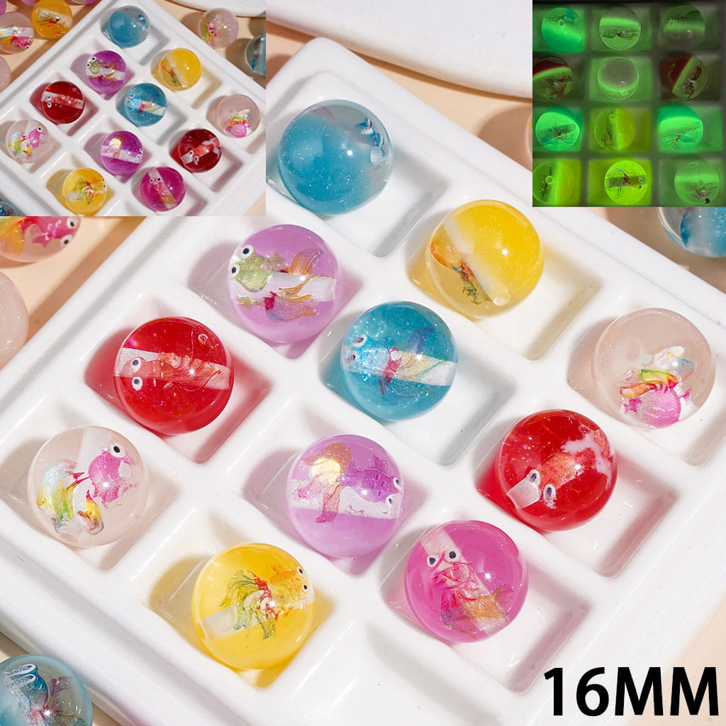 Luminous Color Changing- Goldfish and Gold Glitter Semi-Clear, Round Acrylic Beads for Bracelets, 16MM, Random Mix