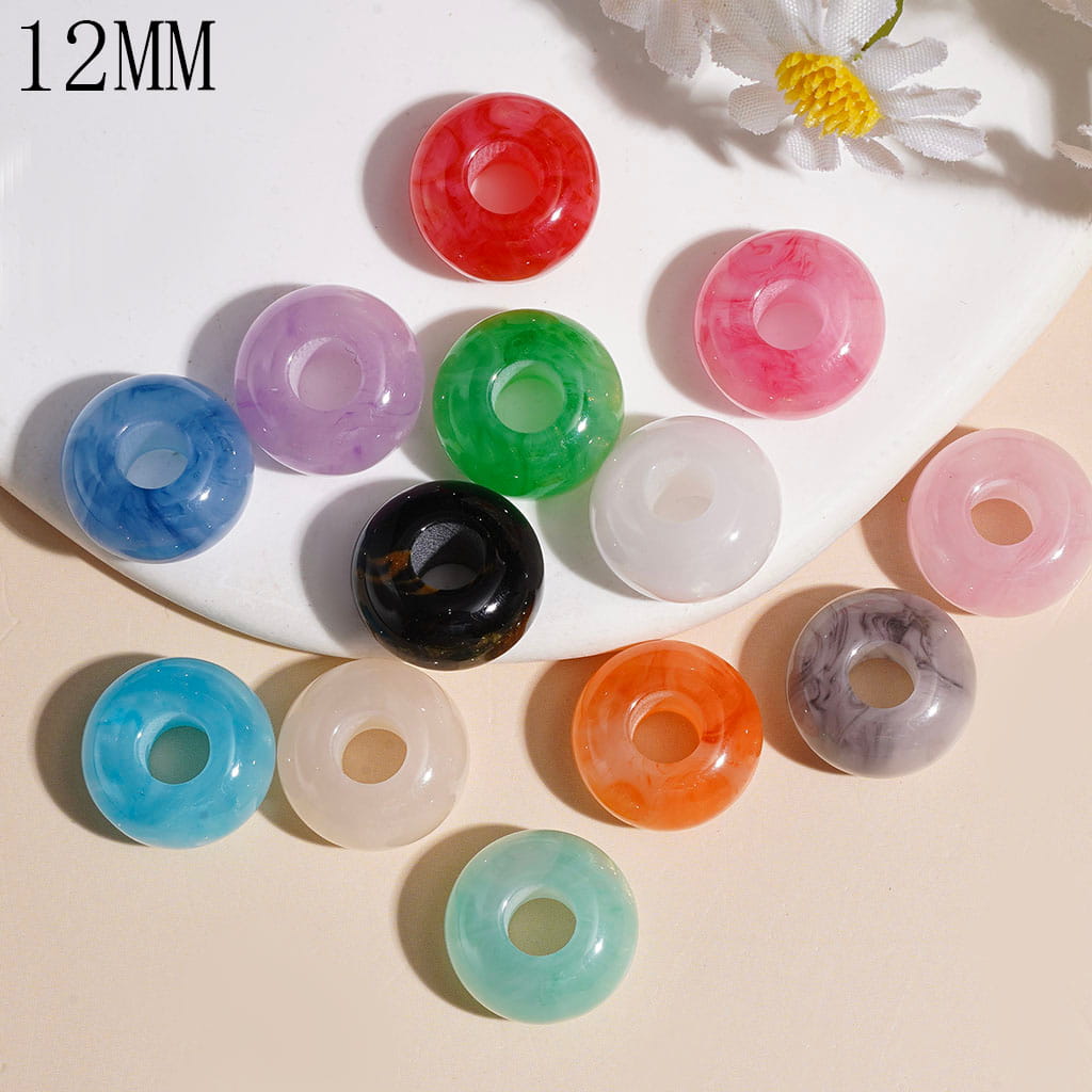 Marbled Design Gold Glitter & Textured Wheel-Shaped Big Hole Acrylic Beads, 12MM Multi-Color Random Mix, (The Hole Diameter is Around 4.5MM)