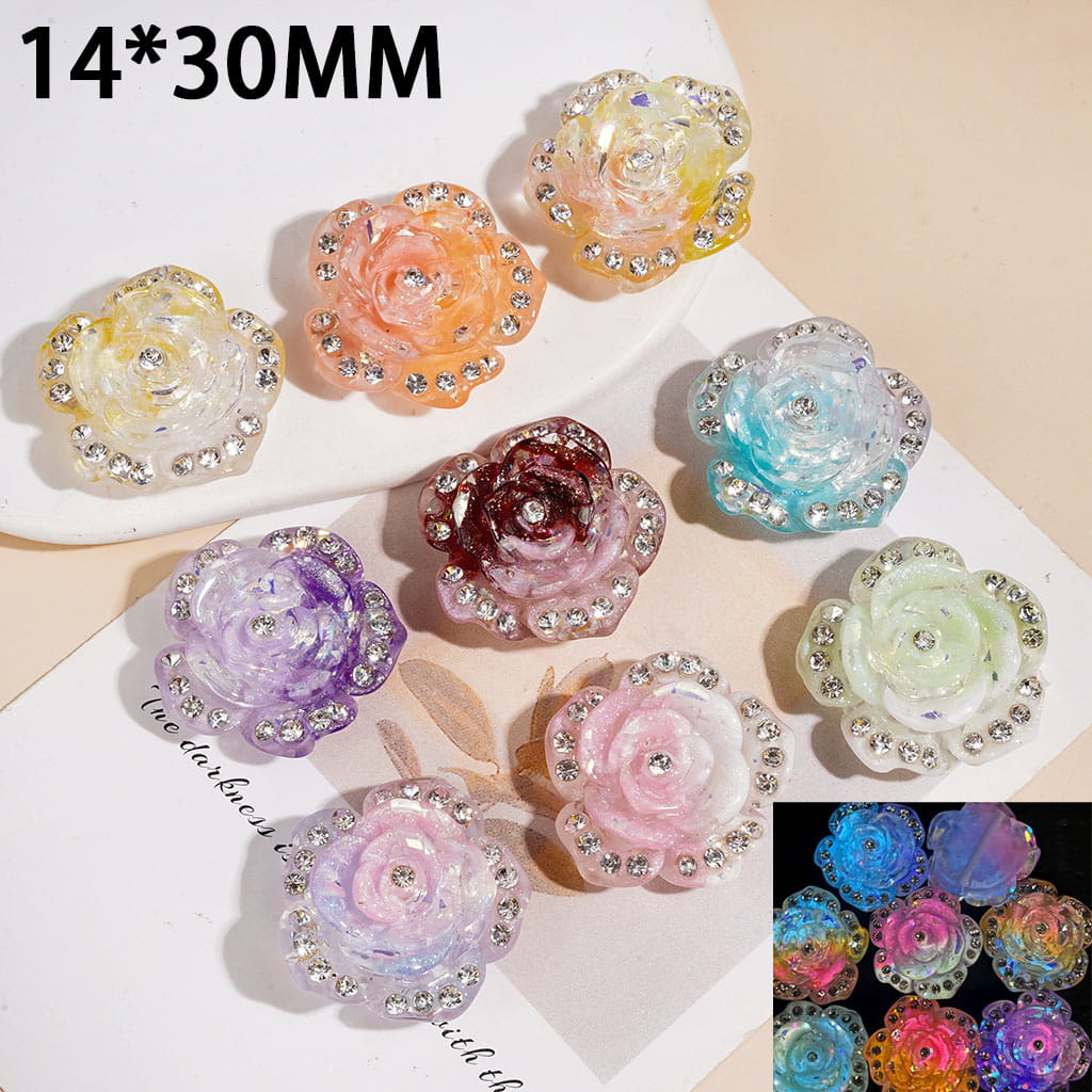Luminous Blossoming Camellia with Clear Rhinestones & Glitter & Thin Flakes Acrylic Beads, 14*30MM, Double Colors, Random Mix