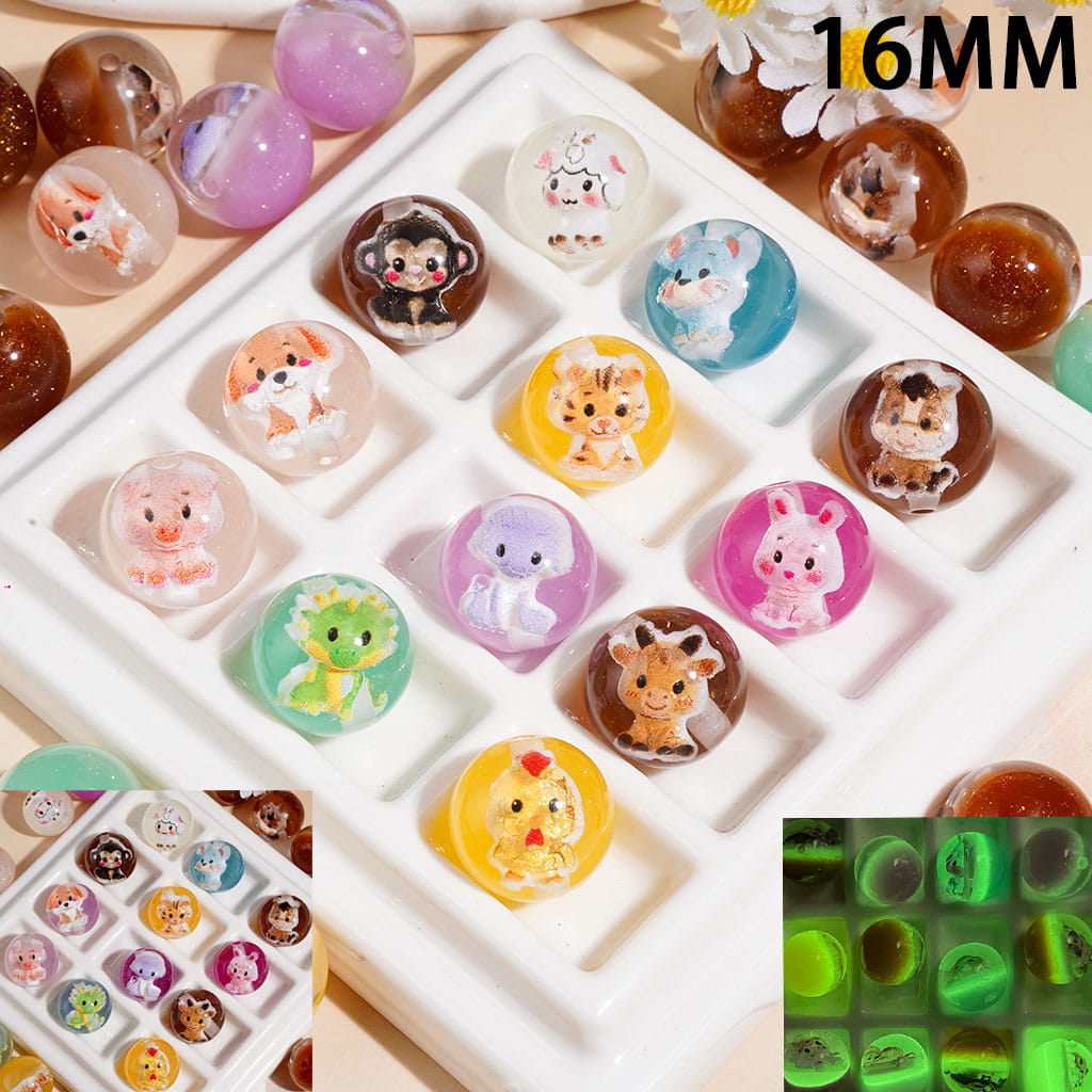 Luminous & Color Changing | Acrylic Beads for Bracelets with Cute Chinese Zodiac 12 Animals, Gold Glitter, 16MM, Random Mix, Multi-Color