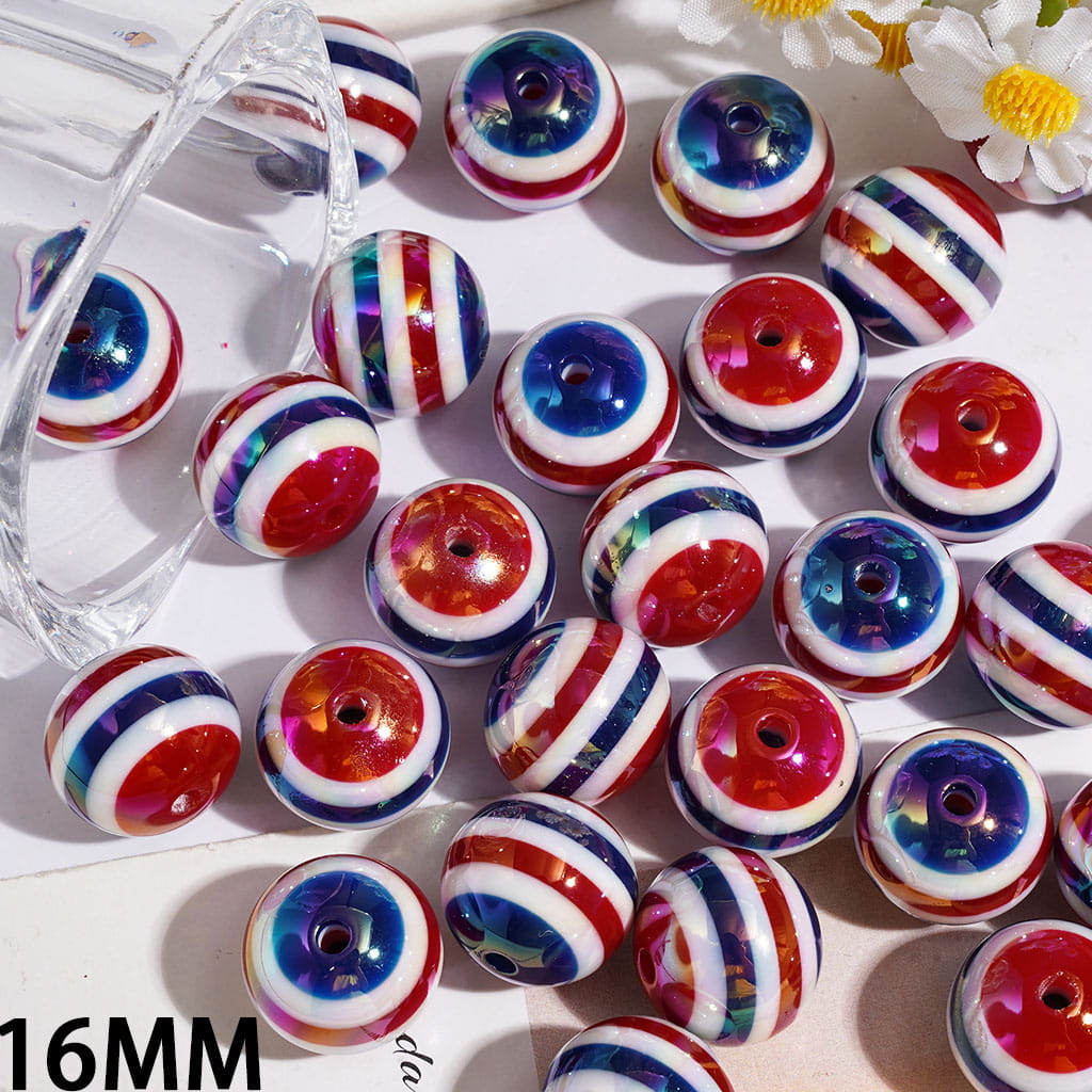 Acrylic Beads for Bracelets UV Coating with Red-White-Blue Stripes, 16MM