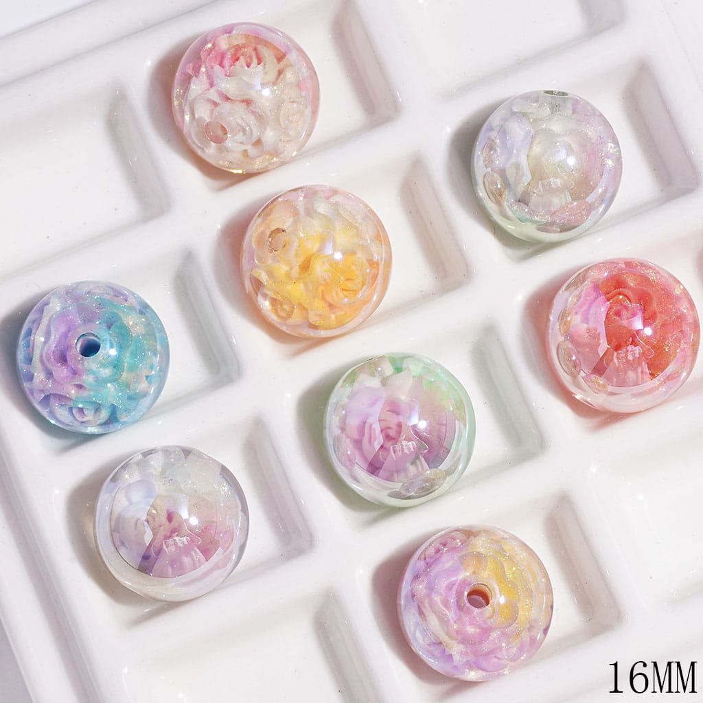 UV-Coated Romantic Blooming Rose Designs with Embedded Glitter Round Acrylic Beads for Bracelets, 16MM, Multi-Color, Random Mix
