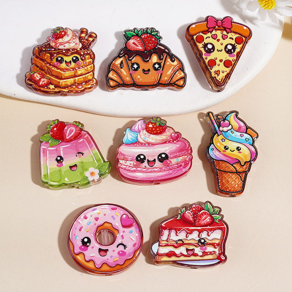 Acrylic Beads Food Series with Cake Pizza Donut Ice Cream, Semi-Clear, Random Mix