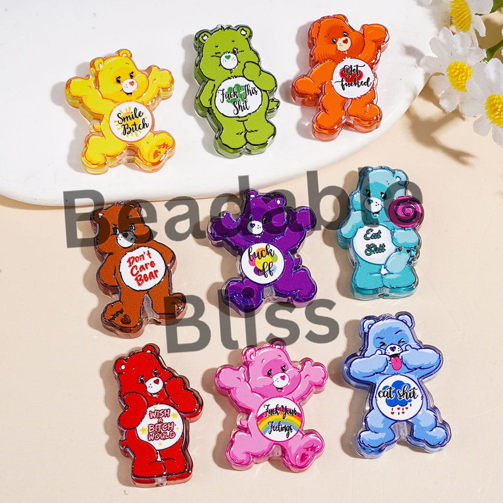 Acrylic Beads Rainbow Bear Series with Humor Text, Semi-Color, Random Mix Multi-Color