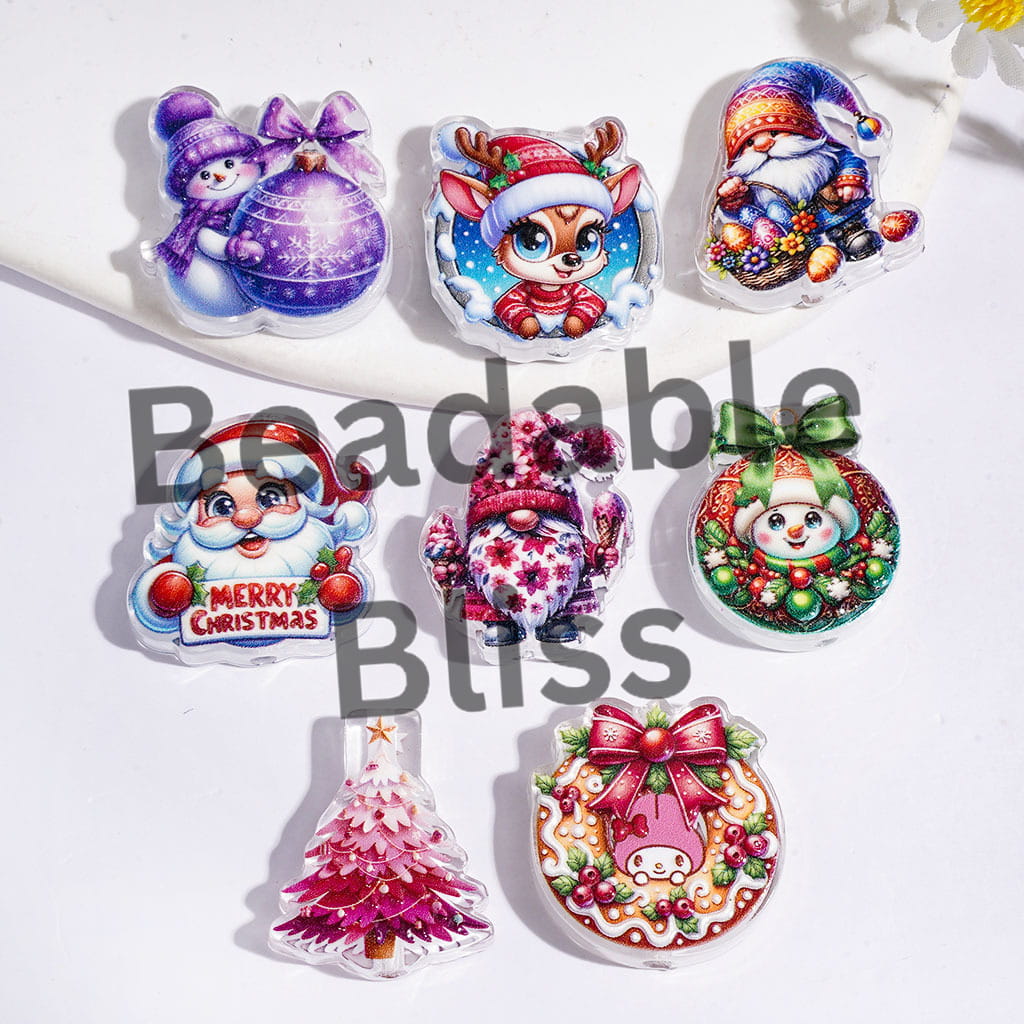 Acrylic Beads Christmas Theme with Snowman Reindeer Santa Claus Christmas Tree, Random Mix